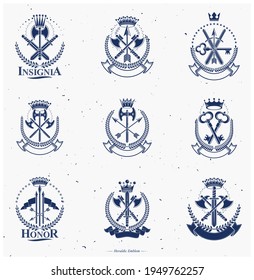 Emblemas de armas de época. Escudo de armas heráldico, colección de emblemas vectoriales vintage.