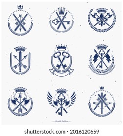 Vintage Weapon Emblems set. Heraldic Coat of Arms decorative emblems isolated vector illustrations collection.