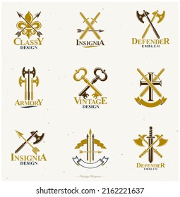 Vintage Weapon Emblems set. Heraldic Coat of Arms decorative emblems isolated vector illustrations collection.
