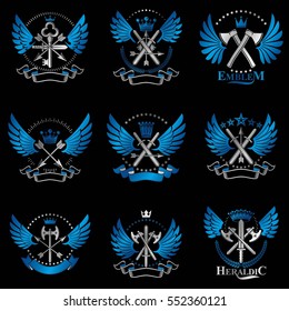 Vintage Weapon Emblems set. Heraldic Coat of Arms decorative emblems isolated vector illustrations collection.