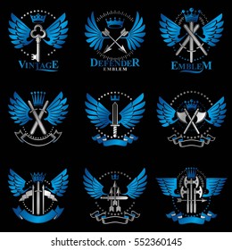 Vintage Weapon Emblems set. Heraldic signs vector vintage elements collection.