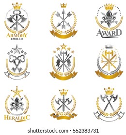 Vintage Weapon Emblems set. Heraldic coat of arms decorative emblems collection.