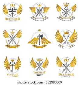 Vintage Weapon Emblems set. Heraldic coat of arms decorative emblems collection.