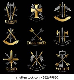 Vintage Weapon Emblems set. Heraldic Coat of Arms decorative emblems isolated vector illustrations collection.
