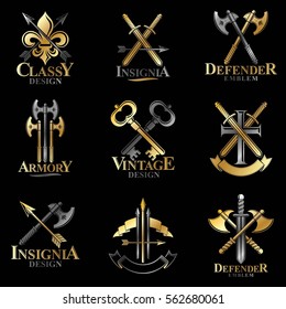 Vintage Weapon Emblems set. Heraldic Coat of Arms decorative emblems isolated vector illustrations collection.