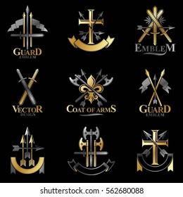 Vintage Weapon Emblems set. Heraldic Coat of Arms decorative emblems isolated vector illustrations collection.