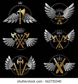 Vintage Weapon Emblems set. Heraldic coat of arms decorative emblems collection.