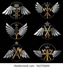 Vintage Weapon Emblems set. Heraldic coat of arms decorative emblems collection.