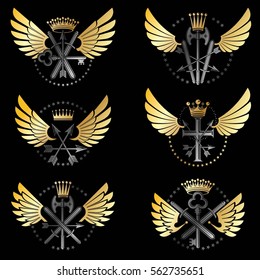 Vintage Weapon Emblems set. Heraldic coat of arms decorative emblems collection.