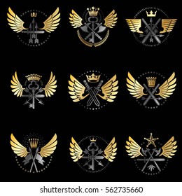 Vintage Weapon Emblems set. Heraldic coat of arms decorative emblems collection.