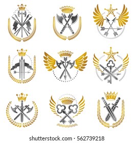 Vintage Weapon Emblems set. Heraldic Coat of Arms, vintage vector emblems collection.