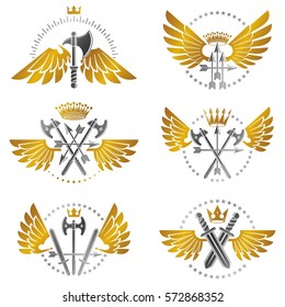 Vintage Weapon Emblems set. Heraldic coat of arms decorative emblems collection.