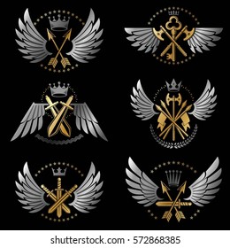 Vintage Weapon Emblems set. Heraldic Coat of Arms decorative emblems isolated vector illustrations collection.