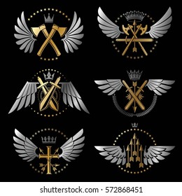 Vintage Weapon Emblems set. Heraldic Coat of Arms decorative emblems isolated vector illustrations collection.
