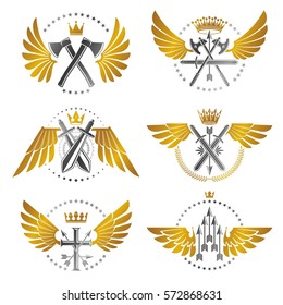 Vintage Weapon Emblems set. Heraldic Coat of Arms decorative emblems isolated vector illustrations collection.