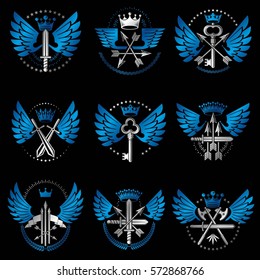 Vintage Weapon Emblems set. Heraldic Coat of Arms, vintage vector emblems collection.
