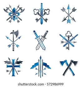 Vintage Weapon Emblems set. Heraldic coat of arms decorative emblems collection.