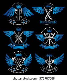 Vintage Weapon Emblems set. Heraldic coat of arms decorative emblems collection.