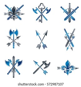 Vintage Weapon Emblems set. Heraldic coat of arms decorative emblems collection.