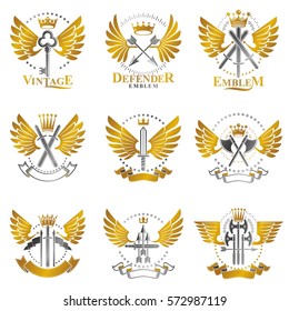 Vintage Weapon Emblems set. Heraldic signs vector vintage elements collection.