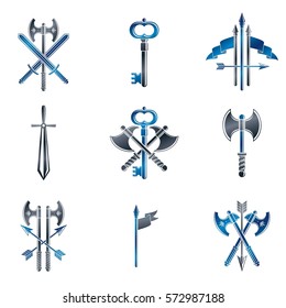 Vintage Weapon Emblems set. Heraldic coat of arms decorative emblems collection.