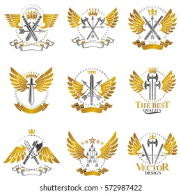 Vintage Weapon Emblems set. Heraldic Coat of Arms decorative emblems isolated vector illustrations collection.
