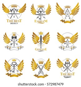 Vintage Weapon Emblems set. Heraldic signs vector vintage elements collection.