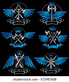 Vintage Weapon Emblems set. Heraldic coat of arms decorative emblems collection.