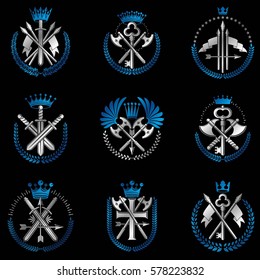 Vintage Weapon Emblems set. Heraldic signs vector vintage elements collection.