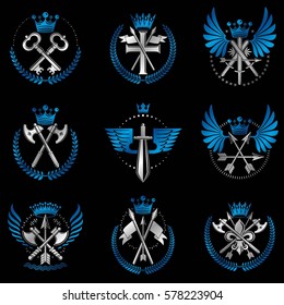 Vintage Weapon Emblems set. Heraldic signs vector vintage elements collection.