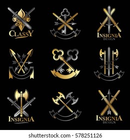 Vintage Weapon Emblems set. Heraldic signs vector vintage elements collection.