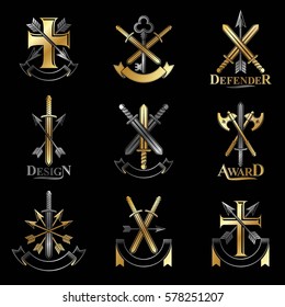 Vintage Weapon Emblems set. Heraldic Coat of Arms, vintage vector emblems collection.