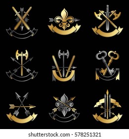 Vintage Weapon Emblems set. Heraldic signs vector vintage elements collection.