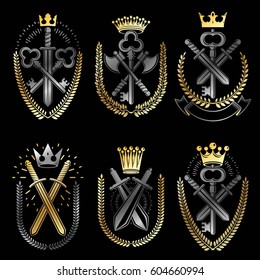 Vintage Weapon Emblems set. Heraldic Coat of Arms, vintage vector emblems collection.