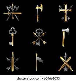 Vintage Weapon Emblems set. Heraldic coat of arms decorative emblems collection.