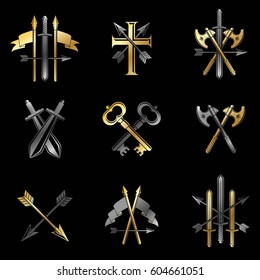 Vintage Weapon Emblems set. Heraldic Coat of Arms, vintage vector emblems collection.