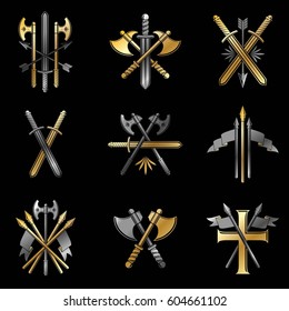 Vintage Weapon Emblems set. Heraldic Coat of Arms, vintage vector emblems collection.