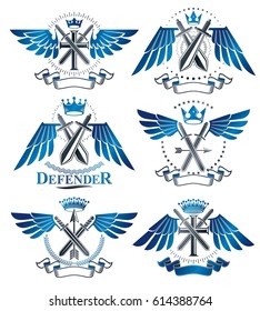 Vintage Weapon Emblems set. Heraldic Coat of Arms, vintage vector emblems collection.
