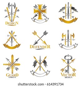 Vintage Weapon Emblems set. Heraldic Coat of Arms decorative emblems isolated vector illustrations collection.