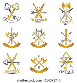 Vintage Weapon Emblems set. Heraldic signs vector vintage elements collection.