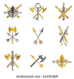Vintage Weapon Emblems set. Heraldic coat of arms decorative emblems collection.
