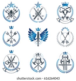 Vintage Weapon Emblems set. Heraldic Coat of Arms decorative emblems isolated vector illustrations collection.