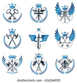 Vintage Weapon Emblems set. Heraldic signs vector vintage elements collection.