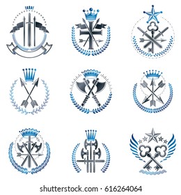 Vintage Weapon Emblems set. Heraldic Coat of Arms decorative emblems isolated vector illustrations collection.