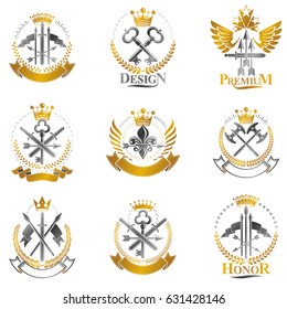 Vintage Weapon Emblems set. Heraldic Coat of Arms, vintage vector emblems collection.