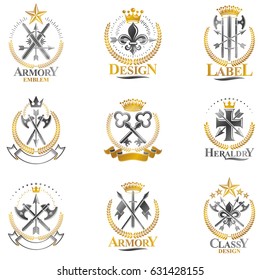 Vintage Weapon Emblems set. Heraldic Coat of Arms, vintage vector emblems collection.