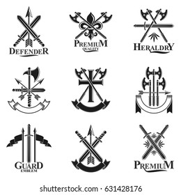Vintage Weapon Emblems set. Heraldic signs vector vintage elements collection.