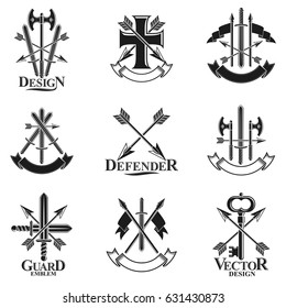 Vintage Weapon Emblems set. Heraldic Coat of Arms decorative emblems isolated vector illustrations collection.