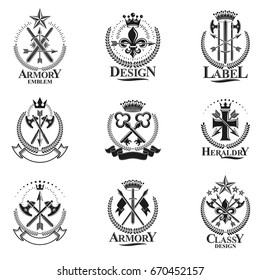 Vintage Weapon Emblems set. Heraldic Coat of Arms, vintage vector emblems collection.