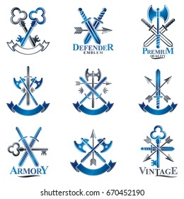 Vintage Weapon Emblems set. Heraldic signs vector vintage elements collection.